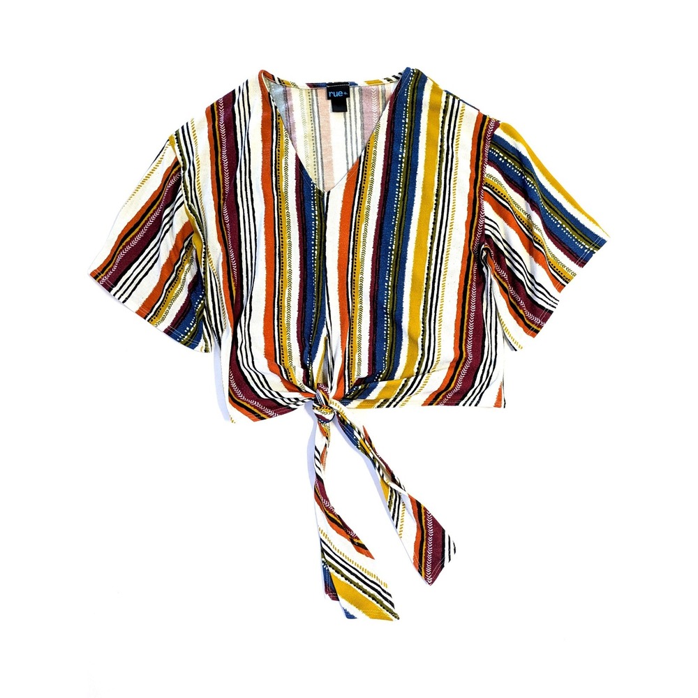 Rue+ Womens Multi Color Striped Front Tie Crop Top V-Neck Short Sleeve Plus Size